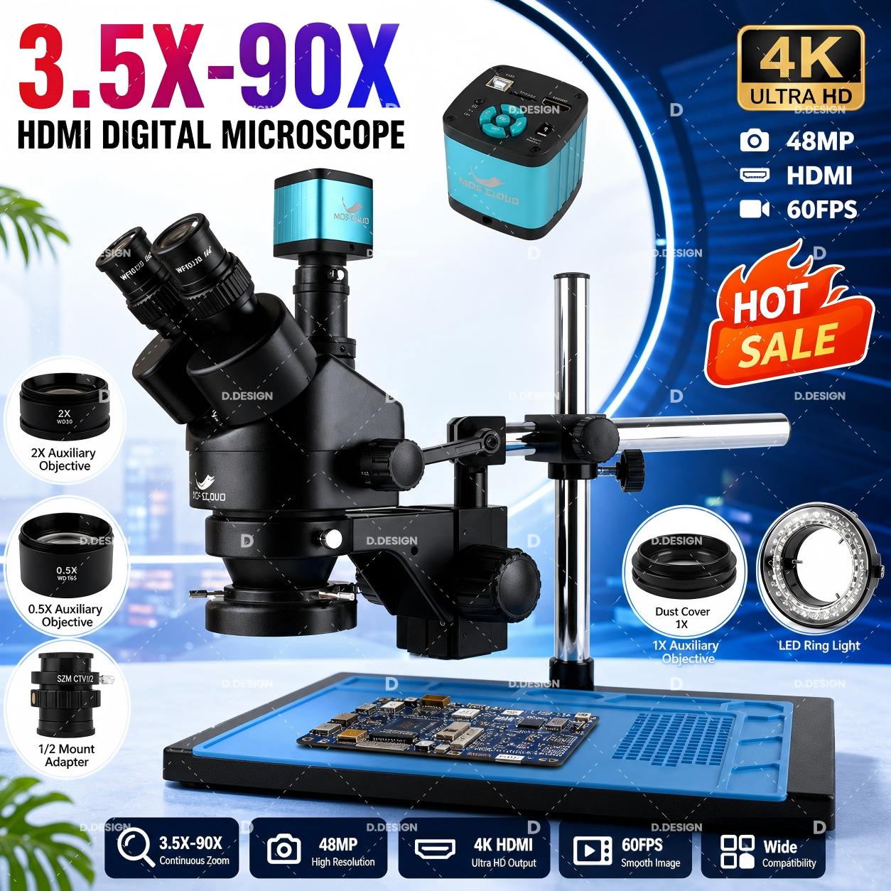 مجهر ستيريو ثلاثي العدسات قابل - مراجعة Simul-Focal Industrial Microscope 4K Hdmi وسعره
